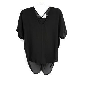 Decree Womens Black V-Neck Dolman Sleeve Tulip Draped Back Chiffon Blouse Sz XS